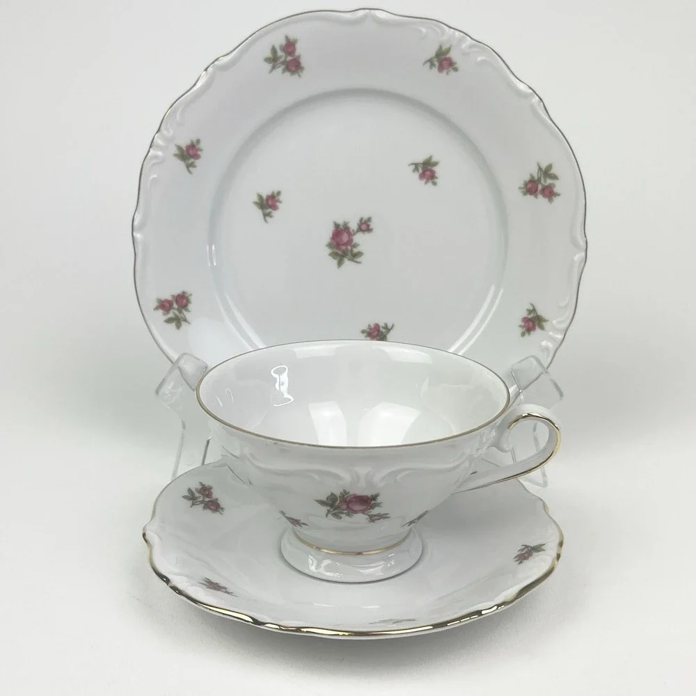 Bavaria Western Germany Elfenbein Rose Bud Pattern Tea Cup Saucer Plate 3 PC Set